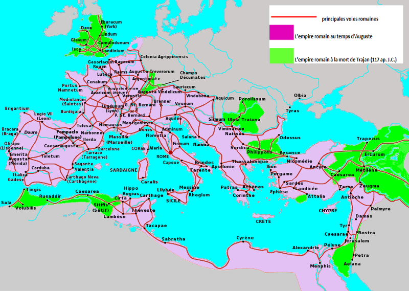 les principales voies romaines dans l'Empire romain